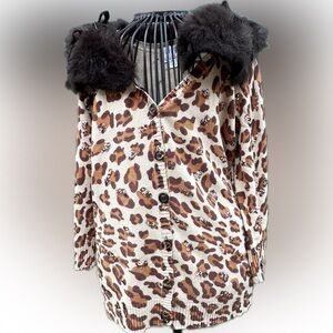 Just B Leopard Print Cardigan with Removable Faux Fur Collar Sequins Size S